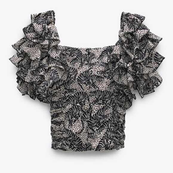 Zara Animal Print Frilly Sleeve Blouse - Picture 2 of 5